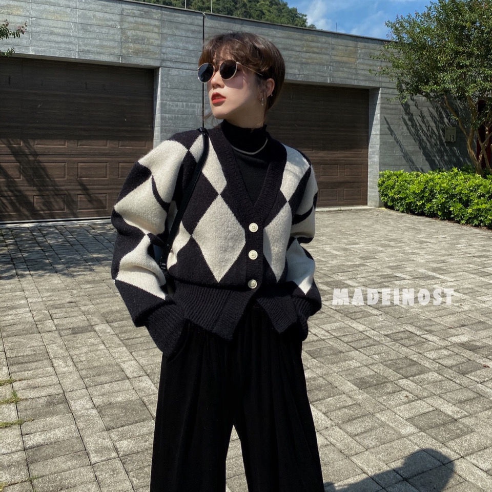 Áokhoáccardigan dệt kim dáng rộng ngắn phong cách retro thời trang cho nữ