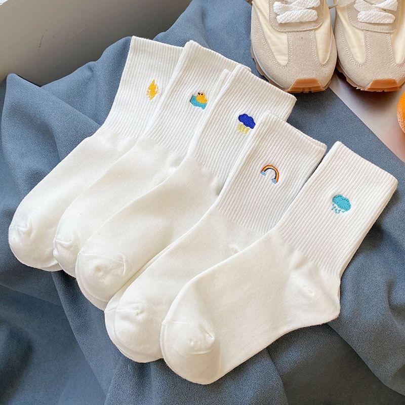 Tất Vớ Dài Cổ Cao Nam Nữ Trắng Cotton Thêu Hình Thời Tiết, vải dày dặn mềm mại, cotton thấm hút