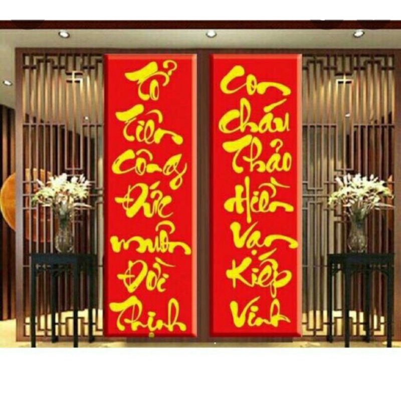 Tranh thêu chữ thập câu đối hoành phi. Tranh thêu câu đối tổ tiên