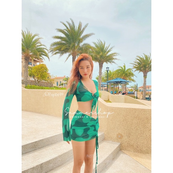 BIKINI Set 4 chi tiết 2 mảnh quây kèm áo dài tay và váy zip rút