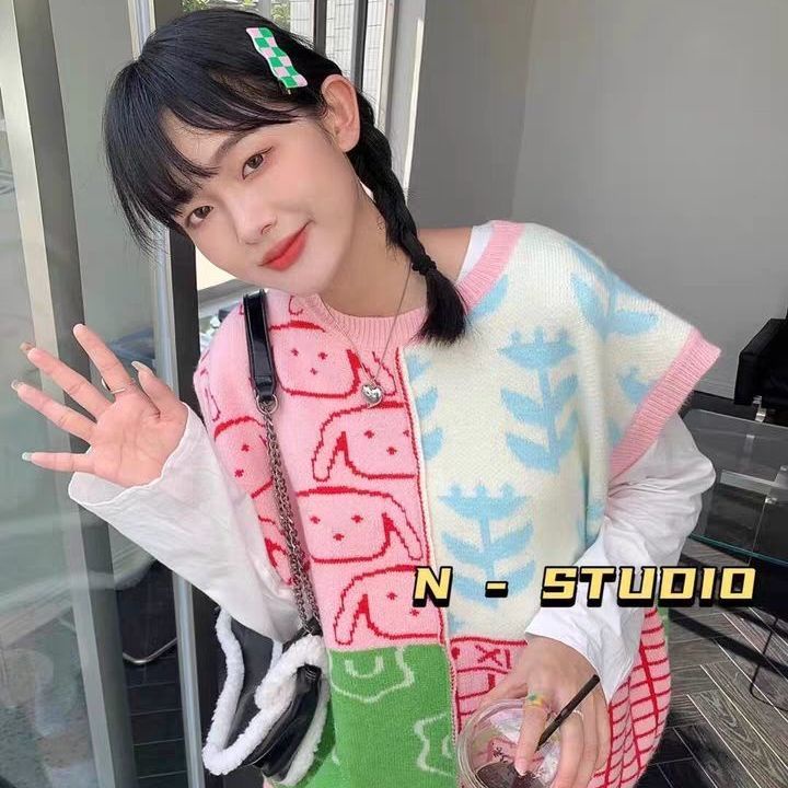 Áo len không tay cổ tròn dáng rộng thiết kế mới phong cách Hàn Quốc thời trang cho nữ