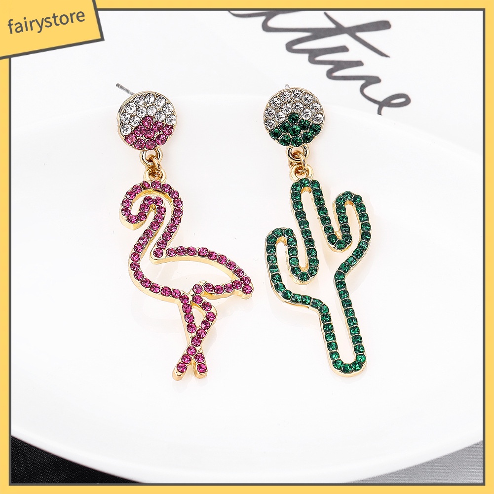 Đôi khuyên tai dài hình hồng hạc và cây xương rồng đính đá thời trang cho nữ