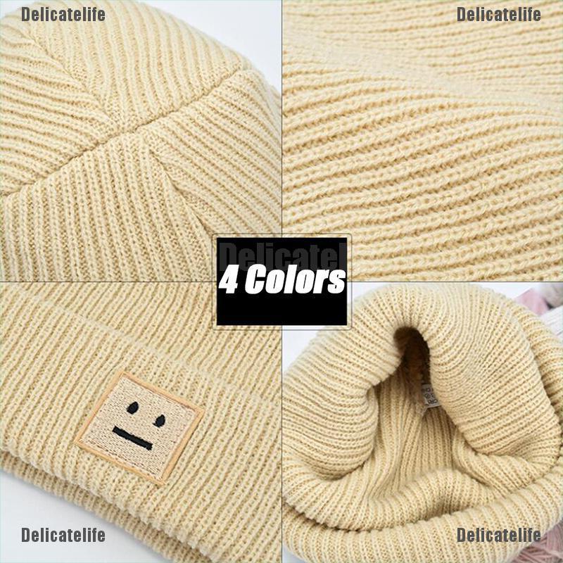 [Delicatelife] Cute Smiling Face Label Winter Knit Embroidery Hat Unisex Adult Beanie Outdoor