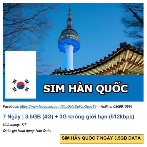 Sim Hàn Quốc 7 Ngày 3.5GB (4G) unlimited  3G 