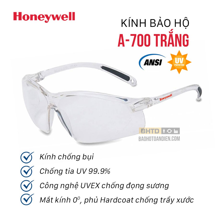 Kính chống bụi Honeywell Sperian A700 trắng chống va đập (Thương hiệu Mỹ) [TẶNG Khăn lau kính Chuyên dụng]