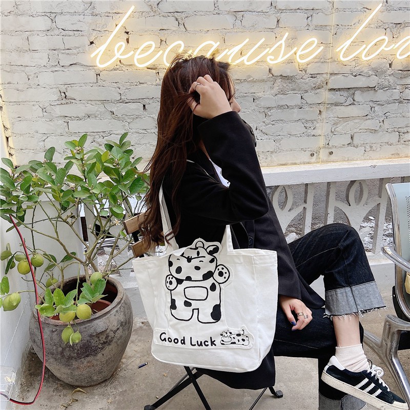 ẢNH THẬT Túi tote túi vải canvas khóa kéo thỏ và bò