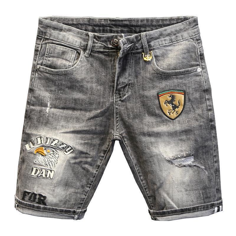 Quần Short Jean Lưng Vừa Dáng Ôm Thiết Kế Rách Thêu Họa Tiết Thời Trang Cá Tính Cho Nam