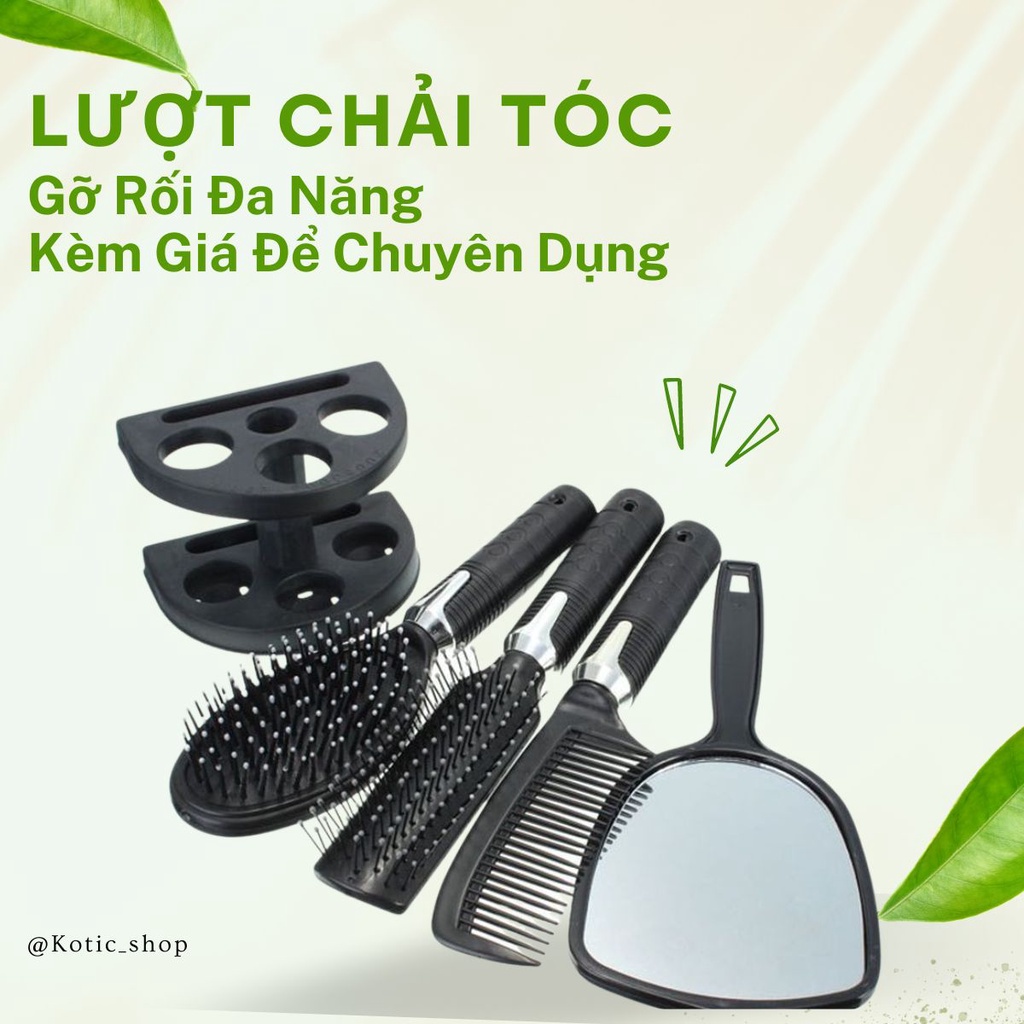 Bộ 4 Lược Chải Tóc Gỡ Rối Kém Rụng Tóc Kèm Gương Đế Đựng Tạo Kiểu Nhanh Chóng Massage Đầu Chuyên Dụng Kotic_shop