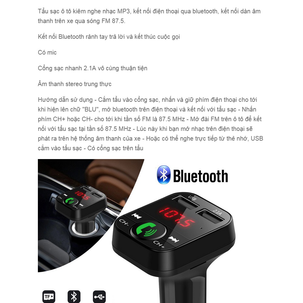 Tẩu Sạc USB Bluetooth Kép Rảnh Tay Kiêm Máy Nghe Nhạc MP3 Bluetooth Phát FM Cho Xe ô tô