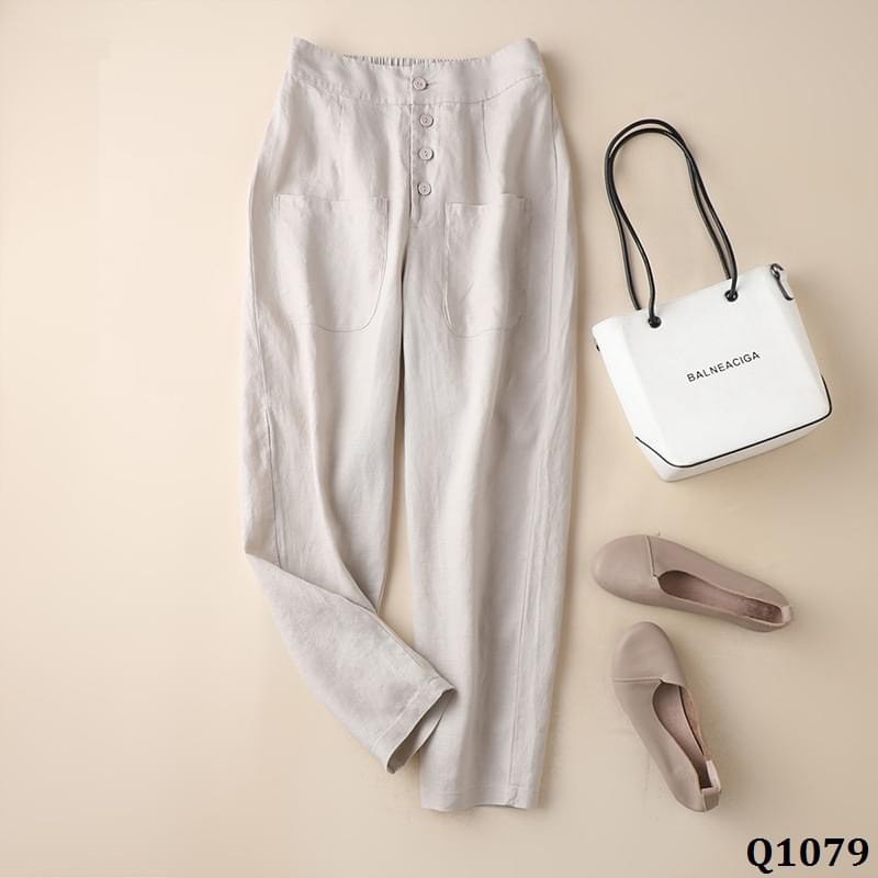 quần baggy nữ,quần baggy lưng thun 4 khuy 2 túi trước chất đũi cá tính