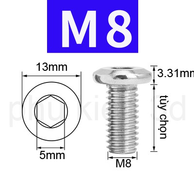 Bulong lục giác âm M8 đầu dẹp inox 304 chống rỉ sét không rỉ