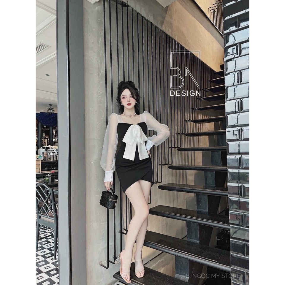 Đầm họa tiết phối nơ trước ngực cổ vuông trông cực kì sang chảnh dành cho các chị em đi tiệc đi dạo phố 2 màu đen và đỏ