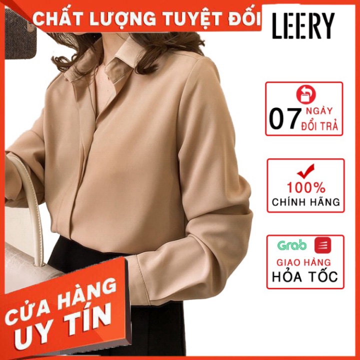 Áo sơ mi công sở nữ đẹp kiểu Hàn Quốc form rộng tay dài chất lụa cao cấp màu Trắng Be Đen Xanh LEERY SM-01 - Hàng nhập k