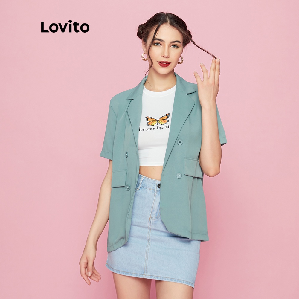 Áo khoác blazer Lovito L09163 tay ngắn dáng rộng màu xanh lá xinh xắn | BigBuy360 - bigbuy360.vn