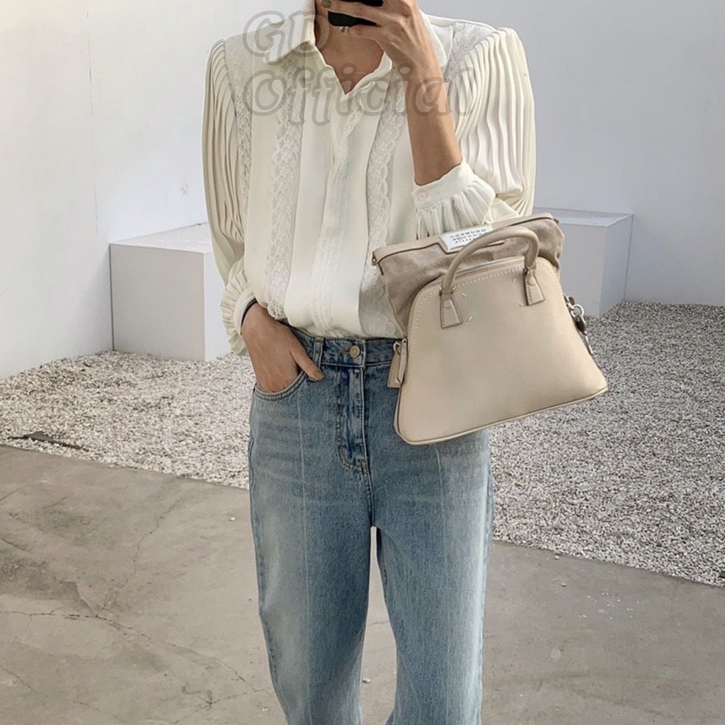 A63|Áo sơ mi công sở nữ dài cổ V tầng polo voan tay phồng suông rộng thụng trơn thanh lịch trắng basic GD Official