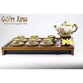 ấm chén Bát Tràng_Bộ trà gốc cây men da lươn hoa sen vẽ tay