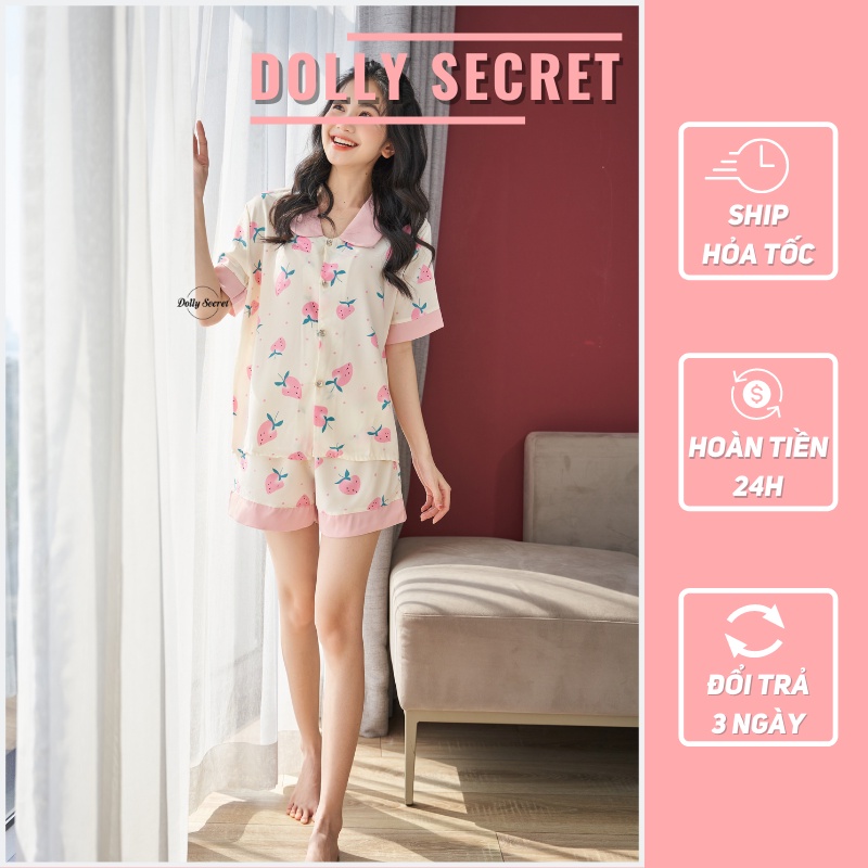 Bộ mặc nhà lụa mango cộc tay Pijama màu hồng đáng yêu họa tiết trái dâu dễ thương DOLLY SECRET CC06