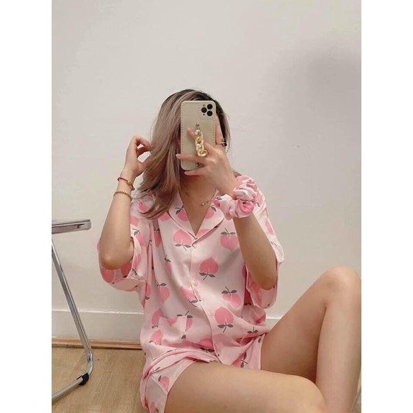 Bộ ngủ Pyjama cộc tay nữ&lt;FREE SIZE&gt;kèm dây buộc tóc ,Bộ Pyjama cộc tay hình cao cấp,bộ ngủ nữ(kèm video ảnh thật)