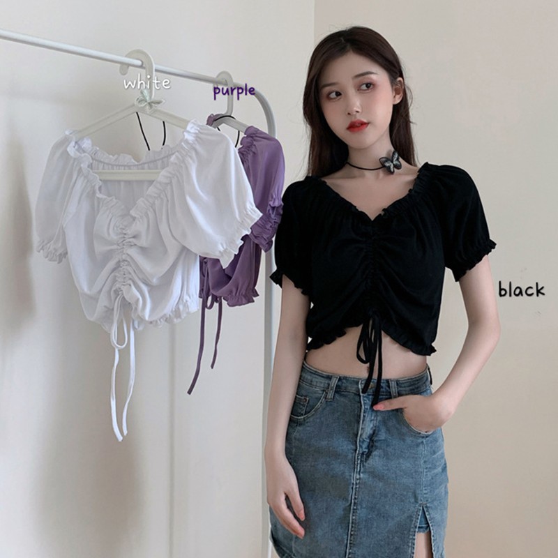 Áo croptop trễ vai ngắn tay màu trơn phong cách mùa hè cho nữ