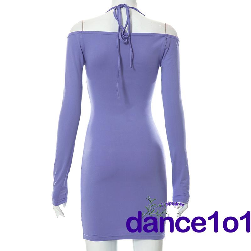 dance1o1-Women´s Long Sleeve Cutout Solid Color Halter Bodycon Mini Dress