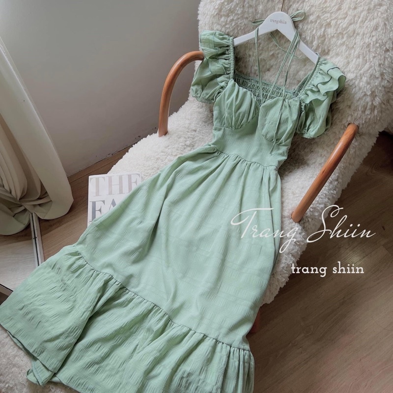 ĐẦM XANH MIDI DÂY CHÉO CỔ TAY BỒNG