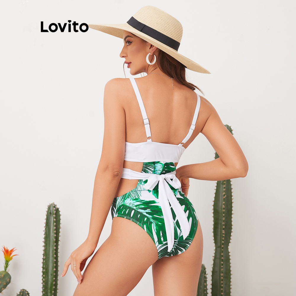 Bộ đồ Lovito bơi một mảnh phối dây đan chéo in họa tiết phong cách Boho L11039