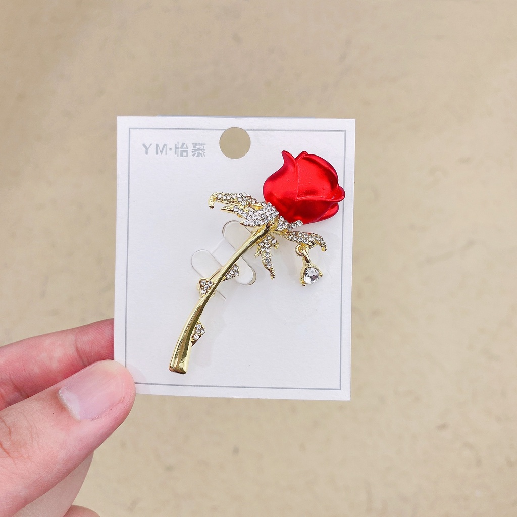 Ghim Cài Áo Hình Hoa Hồng Đỏ Đính Đá Sang Trọng