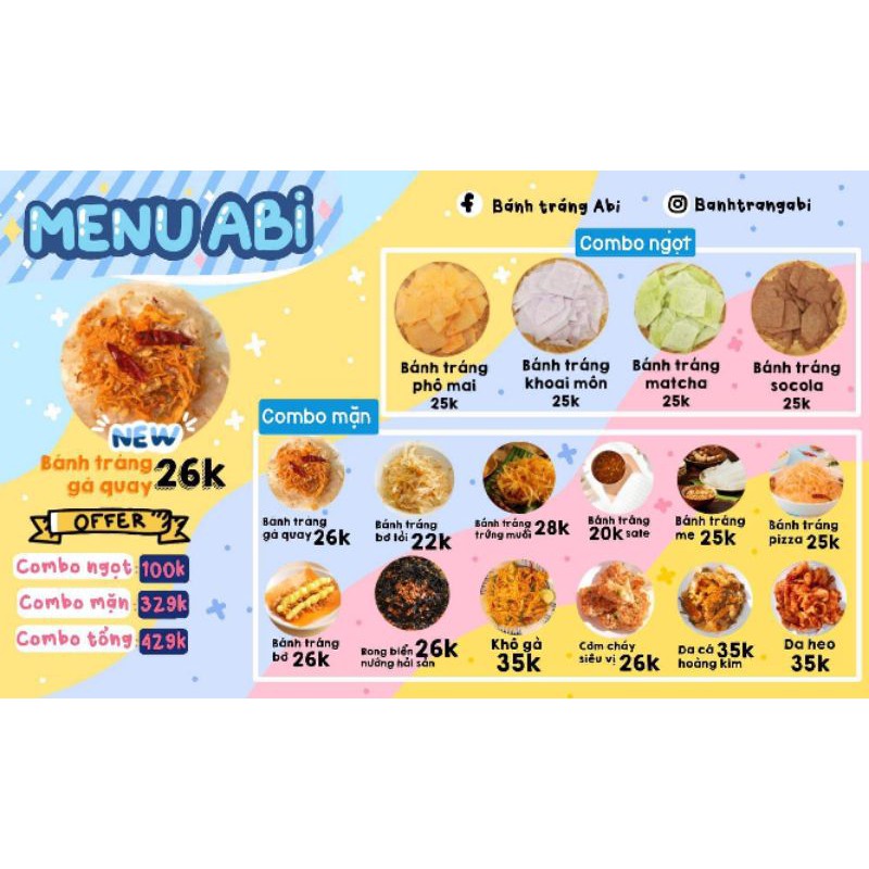 [Mã 267FMCGSALE giảm 8% đơn 500K] MENU BÁNH TRÁNG ABI chính hãng siêu ngon 😋 bánh ăn vặt siêu ngon | BigBuy360 - bigbuy360.vn