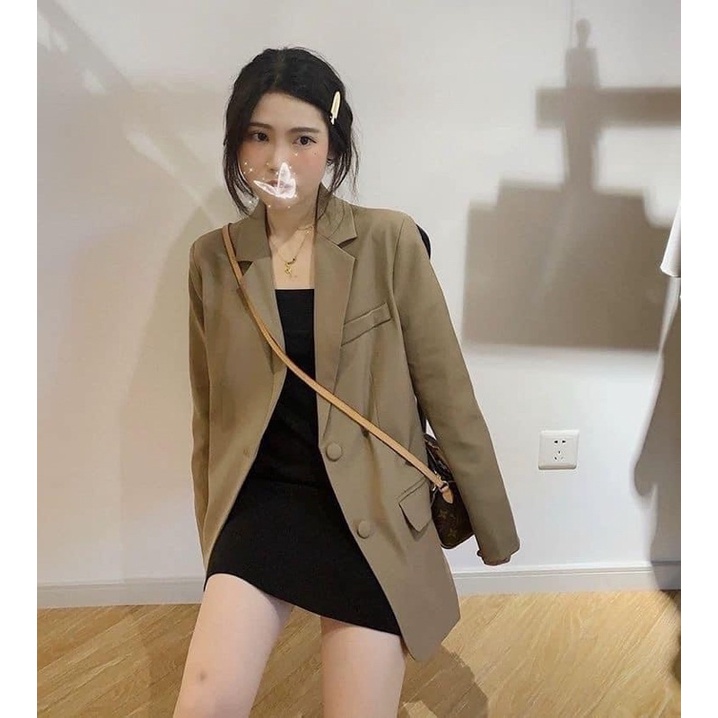Áo blazer, vest nữ dài tay 2 lớp màu nâu tây, đen có đệm vai cá tính phong cách Hàn Quốc closet | BigBuy360 - bigbuy360.vn