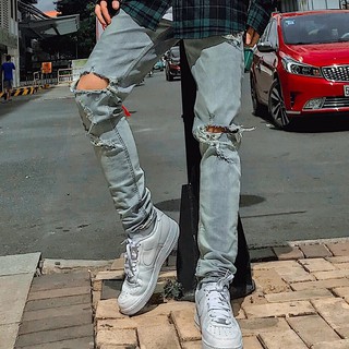 Quần jean nam streetwear cao cấp FNOS NZ1 màu xanh rách gối form slimfit jean thun co giãn