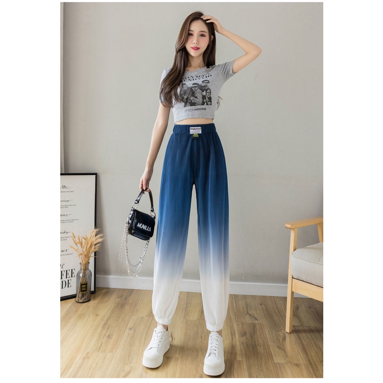 Quần Dài Lưng Cao Dáng Rộng Vải Lụa Mát Mỏng Màu Gradient Thời Trang Mùa Hè Mới