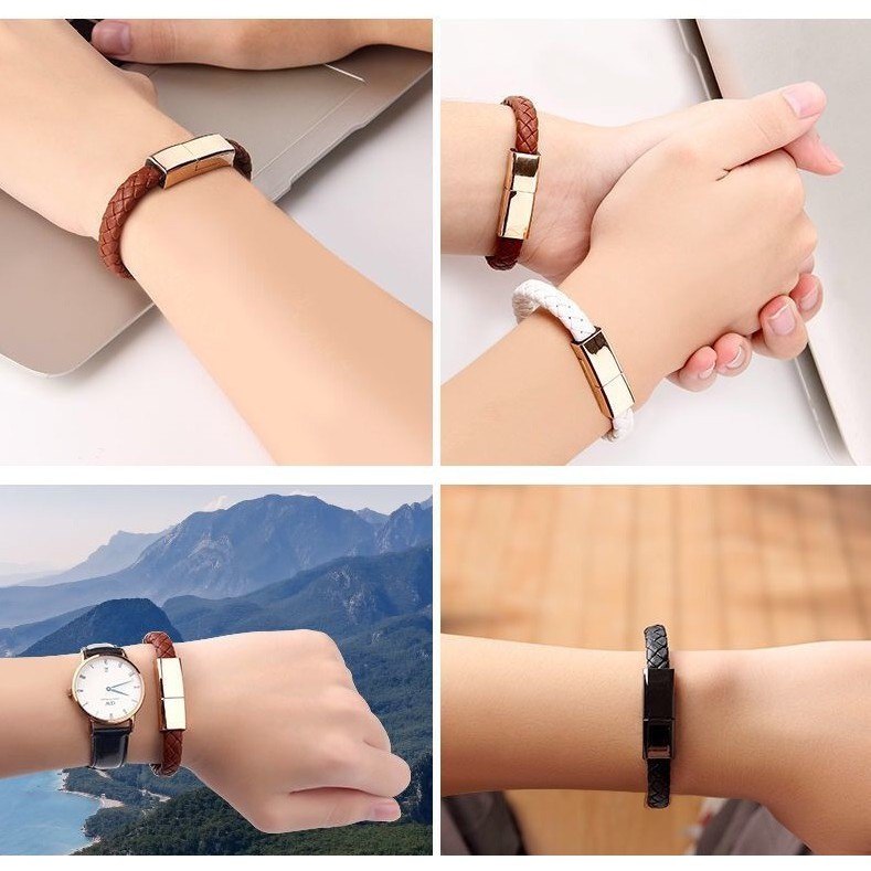 Dây Cáp Sạc USB Dạng Vòng Tay Bện Dây Da Chống Thấm Nước Thời Trang Cho iphone Android