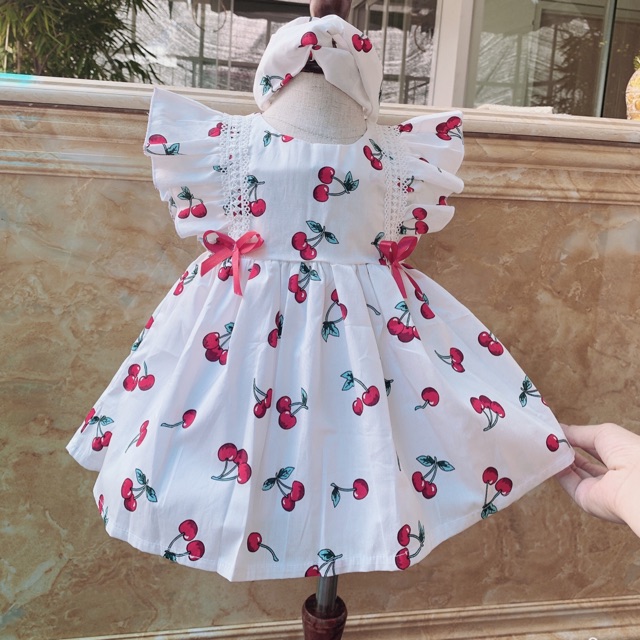 Váy đầm thiết kế cao cấp bé gái từ 3 tháng tuổi (6-30kg) màu trắng cherry chất mềm mịn mát kèm turban
