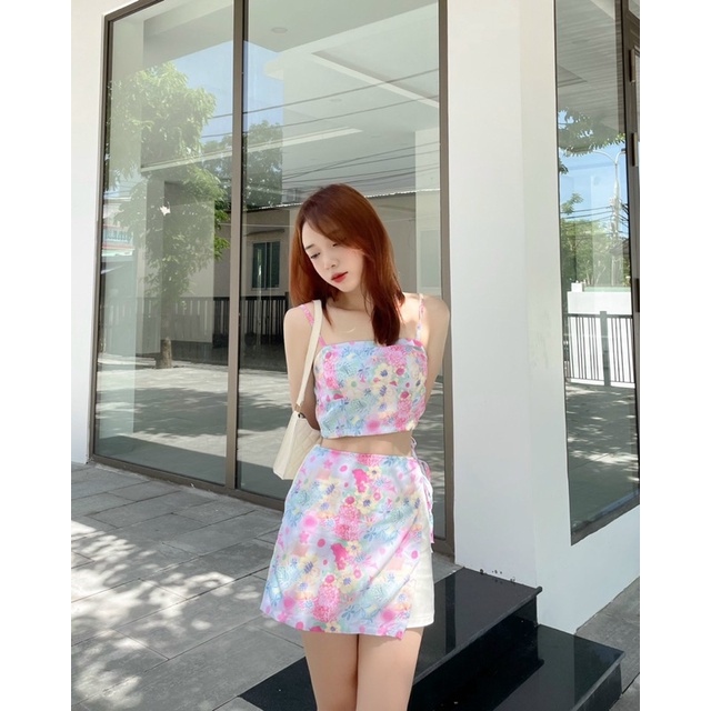 SET 2S CROP HOA + CHÂN VÁY HOA PHỐI NUDE ĐẮP THẮT EO🍁