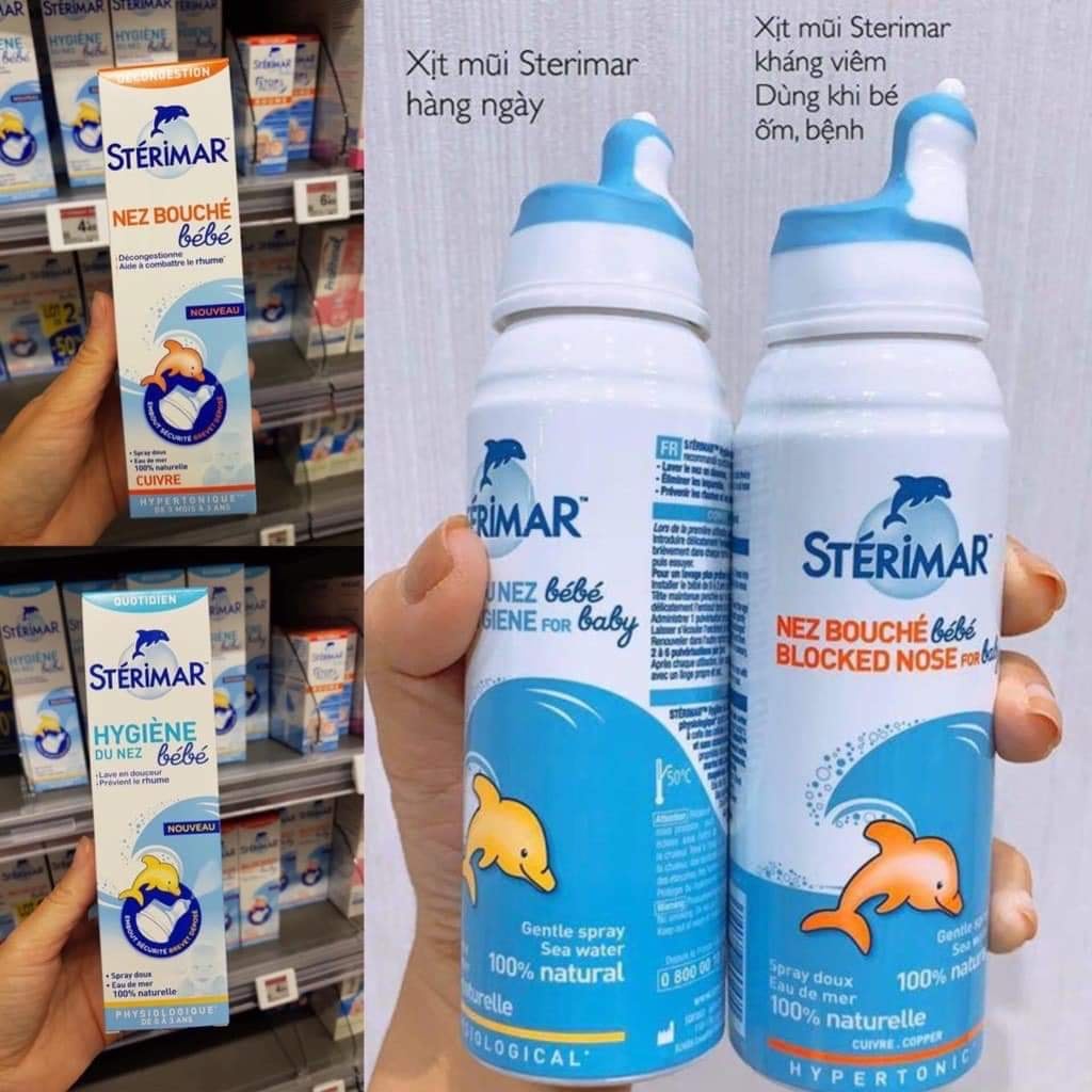 Xịt muối biển cá heo vàng xanh và cá heo cam (100ml) vệ sinh, hỗ trợ sổ mũi, nghẹt mũi cho bé 0-3 tuổi Sterimar, Pháp
