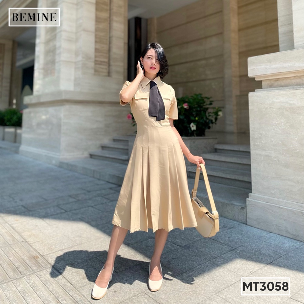 Đầm cổ sơ mi xếp ly tùng có nơ BEMINE MT3058DA