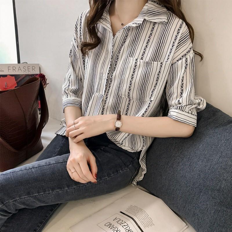 Áo Kiểu Tay Lỡ Cổ Bẻ Hoạ Tiết Kẻ Sọc Thiết Kế Thanh Lịch Cho Phái Nữ