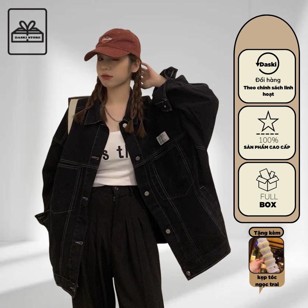Áo Jean nữ Unisex - Áo Khoác Bò Thêu LOGO chỉ nổi dáng rộng Daski