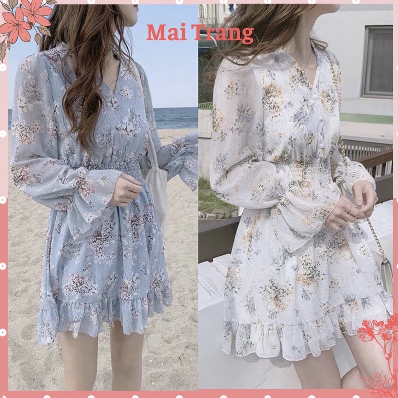 Váy hoa nhí vintage, Đầm hoa nhí ulzzang Hàn Quốc cổ tim cúc bọc xinh Maitrangshop92 – (TTA58)