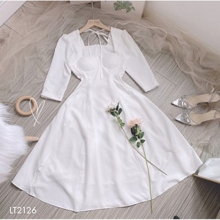 Đầm midi trắng thắt nơ lưng