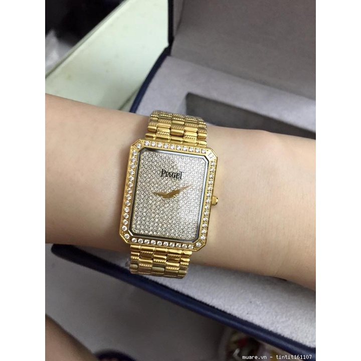Đồng hồ Nam Piaget mặt full đá chữ nhật chạy pin máy Nhật size 35mm long lanh