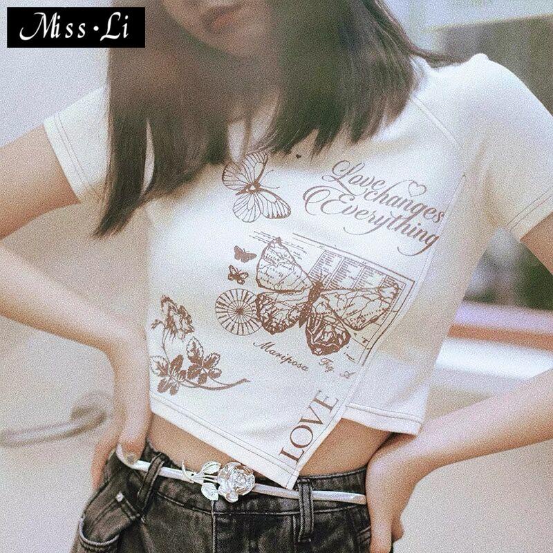 Áo Thun Ngắn Tay Lưng Cao In Họa Tiết Phong Cách Âu Mỹ Thời Trang Mùa Hè Cho Nữ