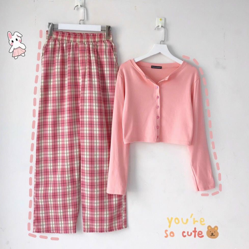 [ sỉ ] Sét bộ quần sọc caro dài phối áo croptop gân tay dài ulzzang hàn quốc xinh xắn TTSLA0380 !