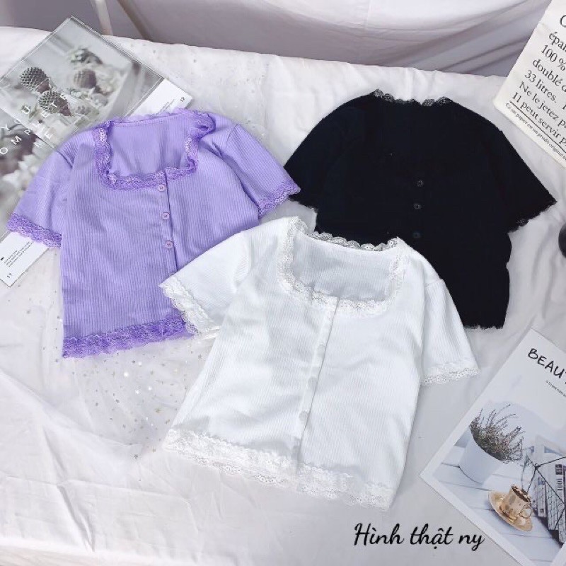 Áo croptop nút phối ren