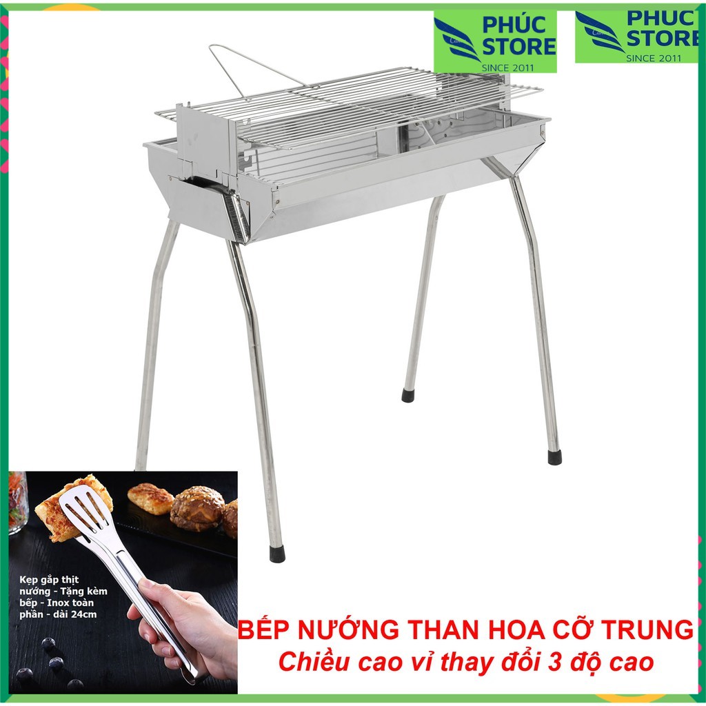 [BỘ QUÀ FULL PHỤ KIỆN]  Bếp nướng than hoa cỡ Trung + kẹp inox, Chiều cao vỉ thay đổi 3 độ cao, Inox toàn phần 100%