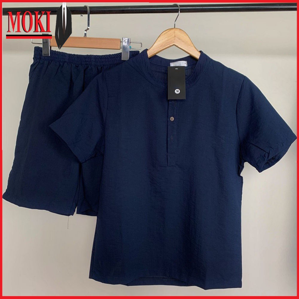 Bộ đũi cộc tay nam MOKI cổ tàu cao cấp, chất đũi thái mềm mát thời trang | BigBuy360 - bigbuy360.vn