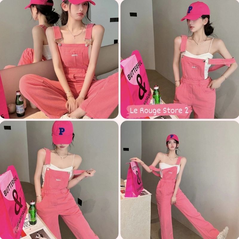 Quần yếm nữ kaki màu hồng dáng ống suông dài rộng thời trang phong cách E-girl năng động mẫu mới