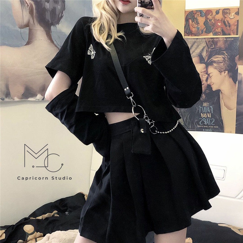 Bộ đồ màu đen cá tính phong cách Harajuku gồm áo phông ngắn tay và váy xếp ly [MinC.Studio - MCS009]