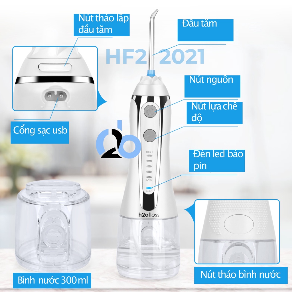 Tăm nước cầm tay H2ofloss HF2, tặng hộp đựng đầu tăm và túi du lịch tiện lợi. Dụng cụ vệ sinh răng miệng hoàn hảo