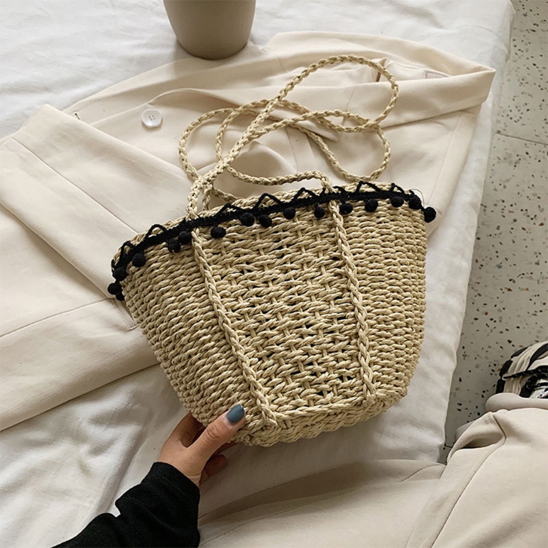 Giỏ Đan Rơm Đeo Vai Phối Tua Rua Và Quả Cầu Lông Xù Kiểu Vintage
